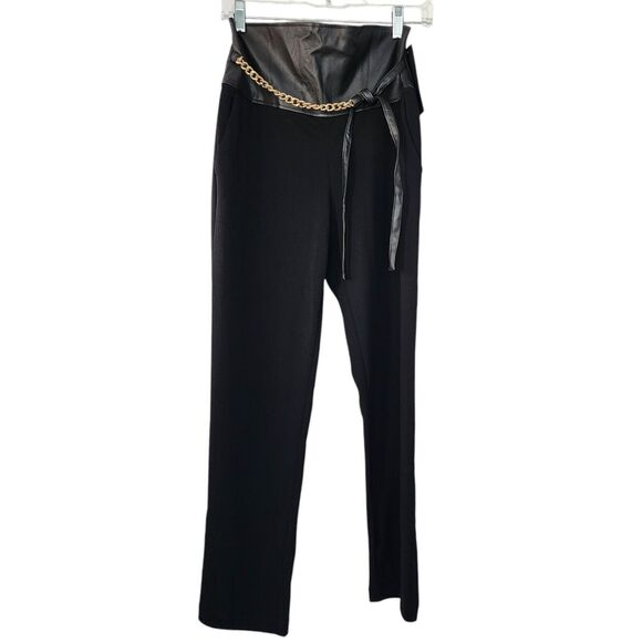 H Halston Women's Faux-Leather-Trim Chain-Belt Pants size XS NWT Black Straight - Picture 3 of 9